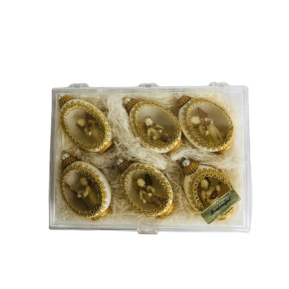 Eggshell Christmas Ornaments Musical Angels Gold Trim Pearl Set of 6 Vintage - Picture 12 of 12